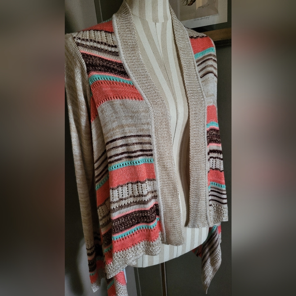 Womens Size Medium Light Sweater Cardigan Western Boho Stripe Turquoise Coral Ta